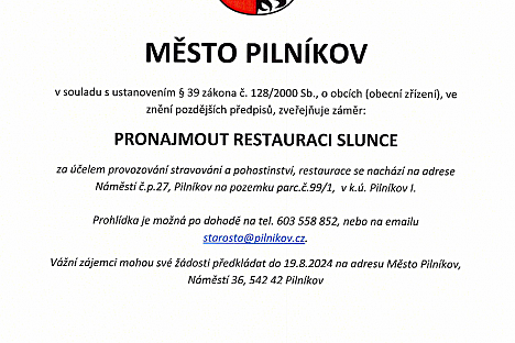 Pronájem restaurace Slunce v Pilníkově