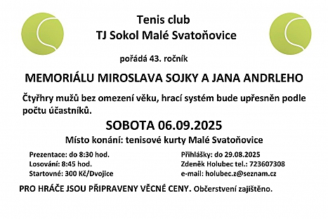 Malé Svatoňovice budou hostit tradiční tenisový turnaj