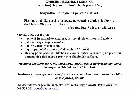Hledá se provozovatel pro hospůdku v Batňovicích!
